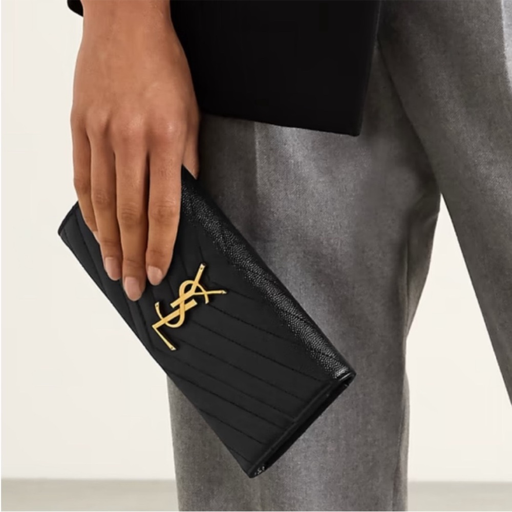 Saint Laurent Quilted Black Wallet with Gold Logo